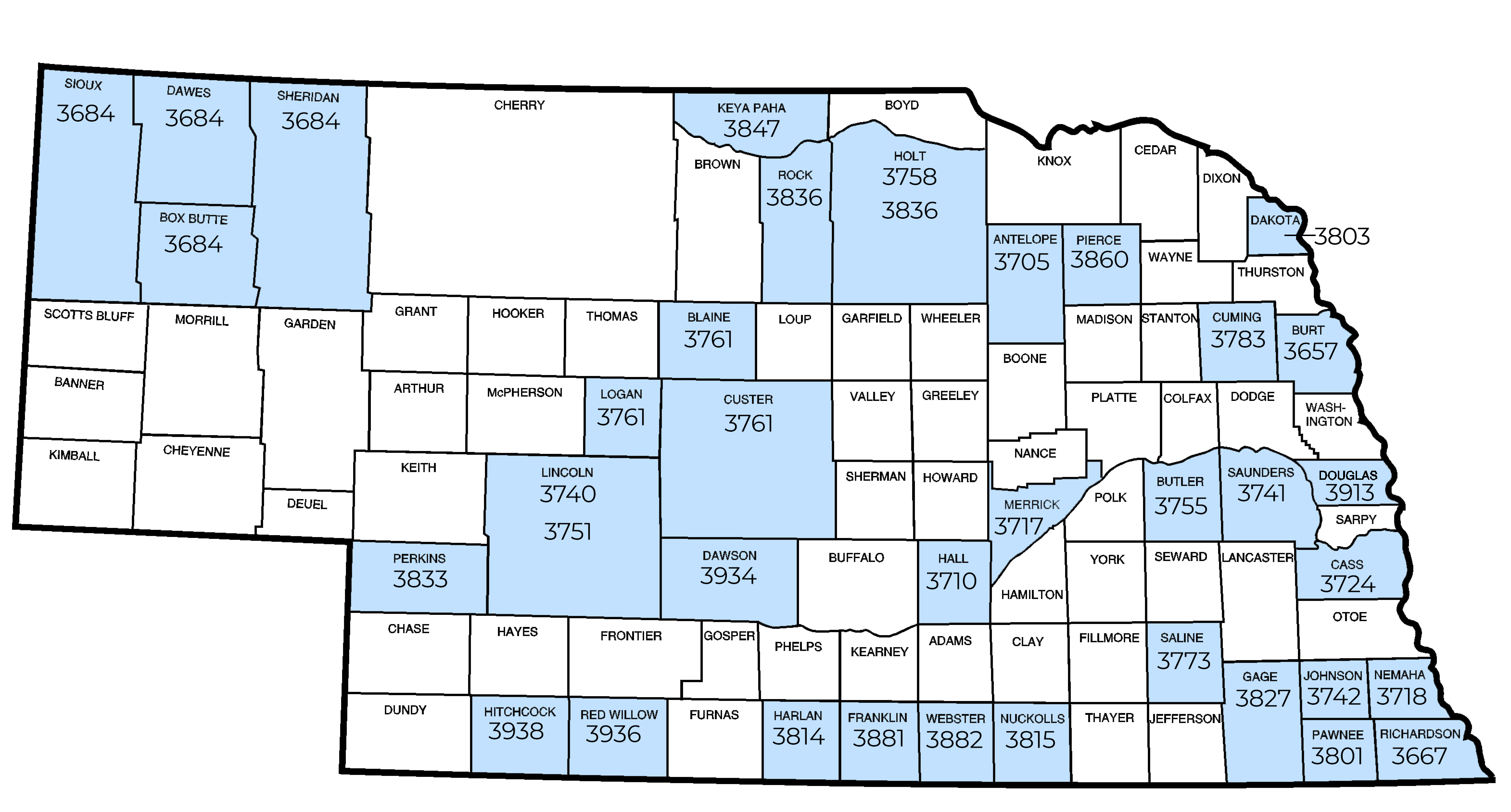 Nebraska map showing the counties included in this event