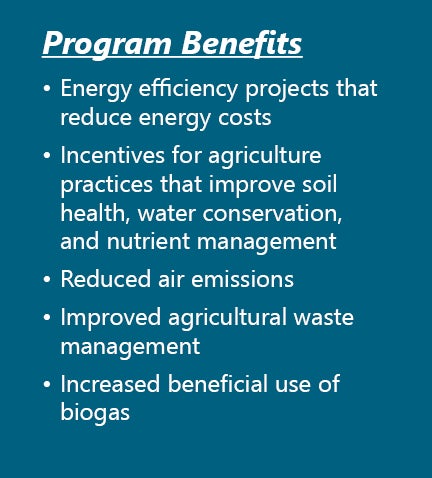 A sidebar listing Program Benefits of the ONE RED program: energy efficiency projects that reduce energy costs; incentives for agriculture practices that improve soil health, water conservation, and nutrient management; reduced air emissions; improved agricultural waste management; and increased beneficial use of biogas