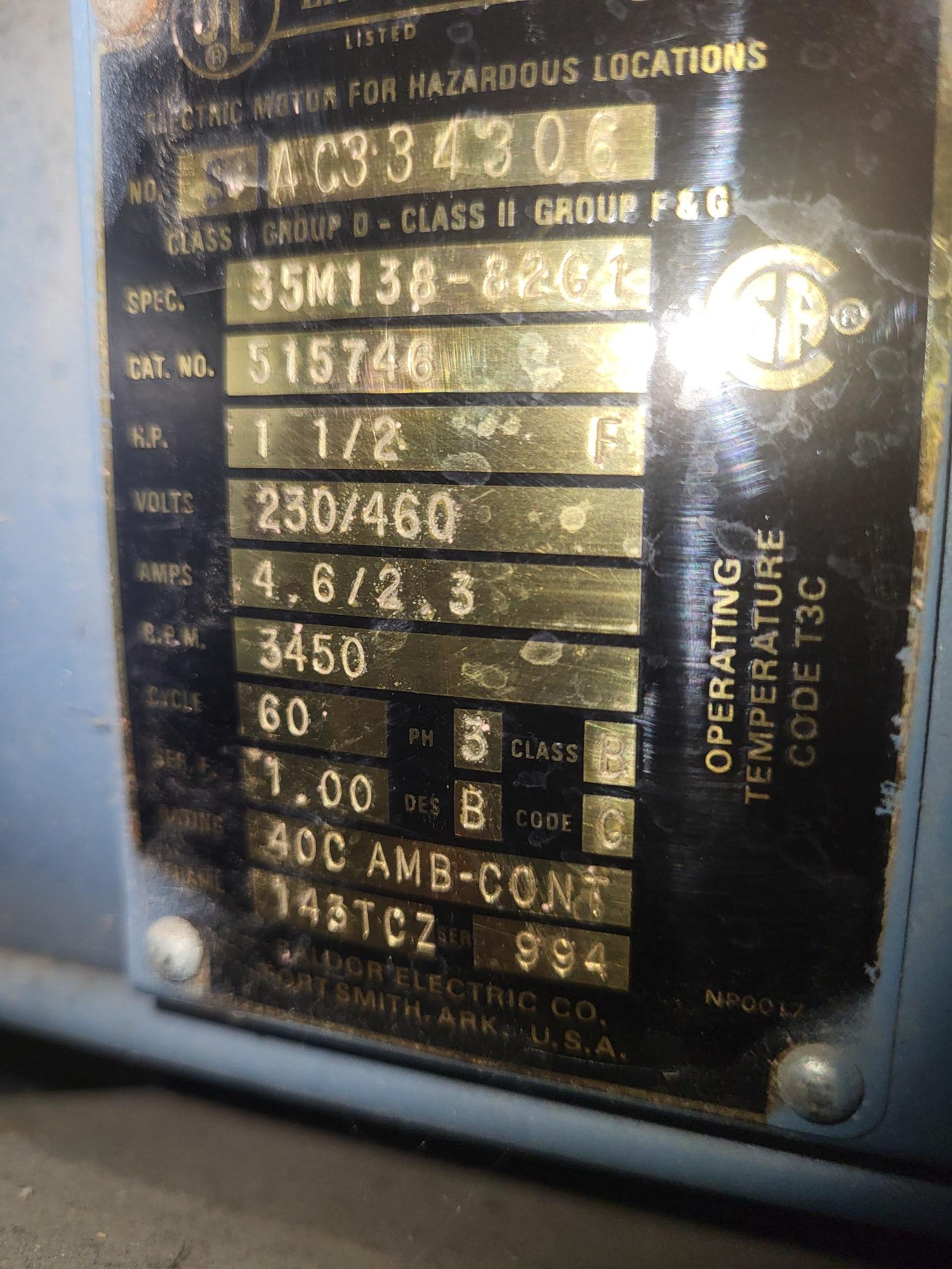 1.5 HP, 3PH, 230/460V regen blower serial tag