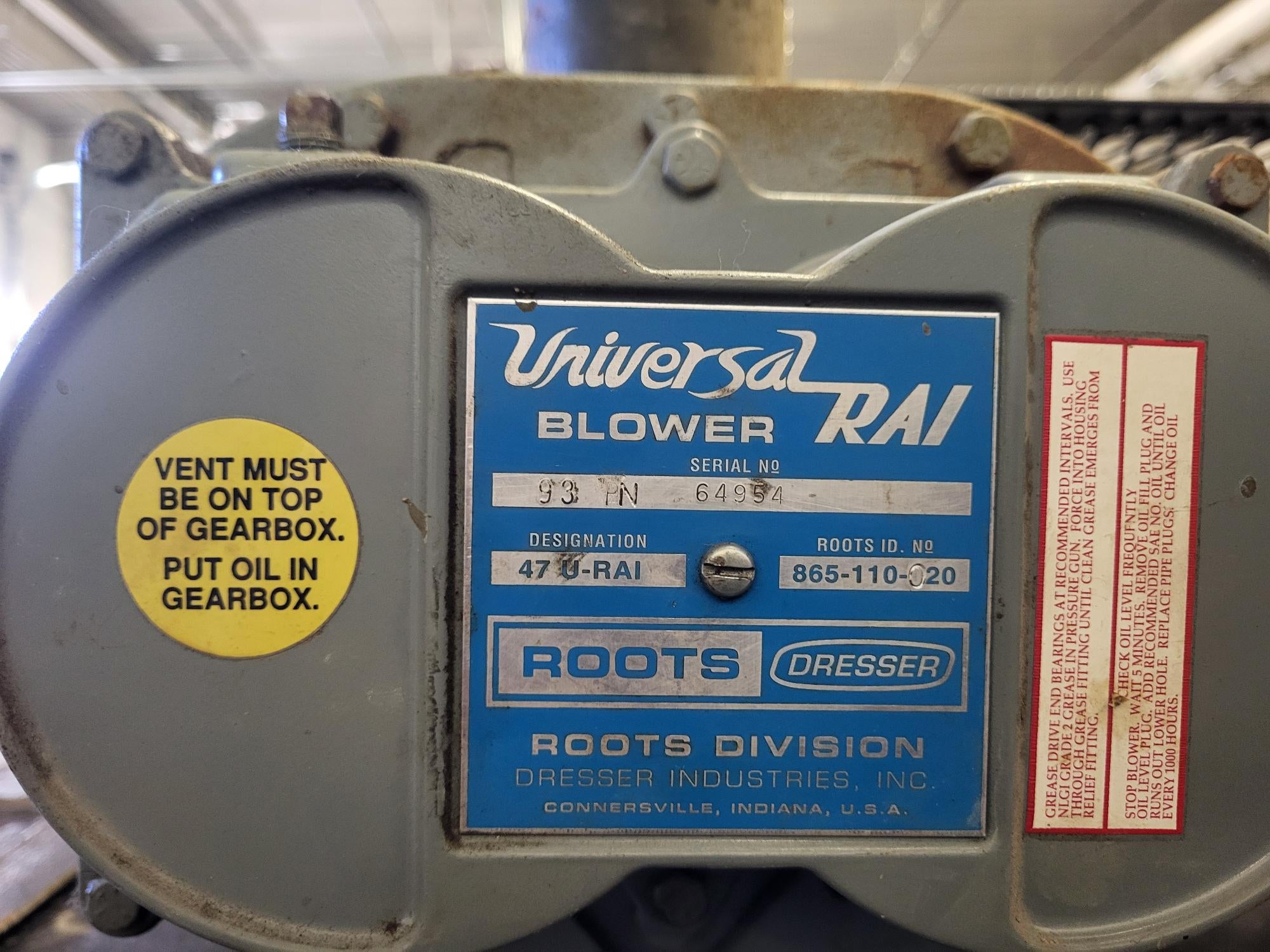 15-HP Motor, 3-PH, Lobe Blower, Filter, Silencer serial tag