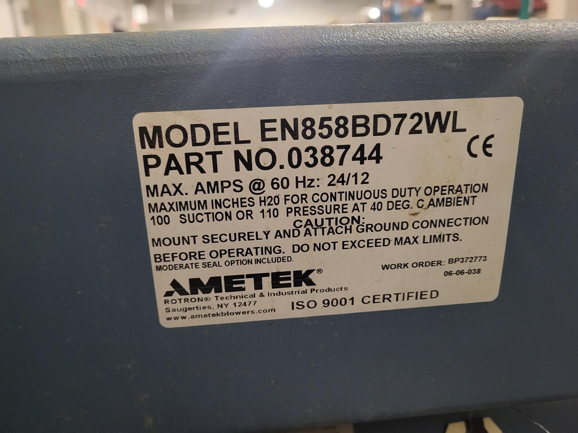 10HP, 3PH, Rotron blower tag