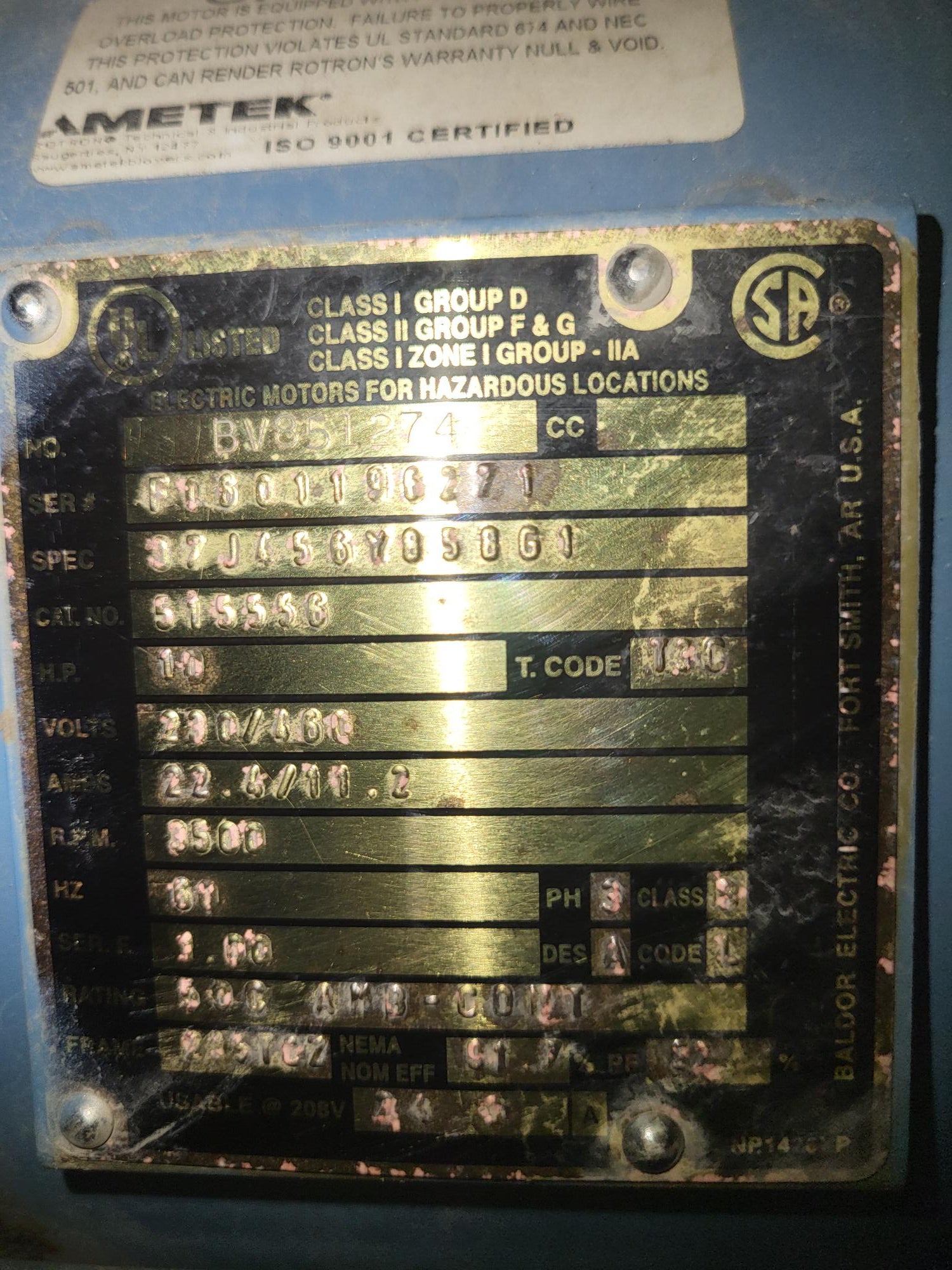 10HP, 3PH, Rotron blower serial tag