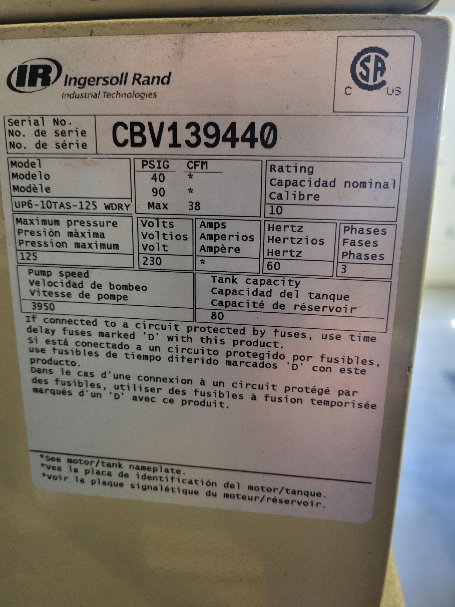 38CFM, Rotary Screw, 10HP, 230V, 3PH compressor serial tag