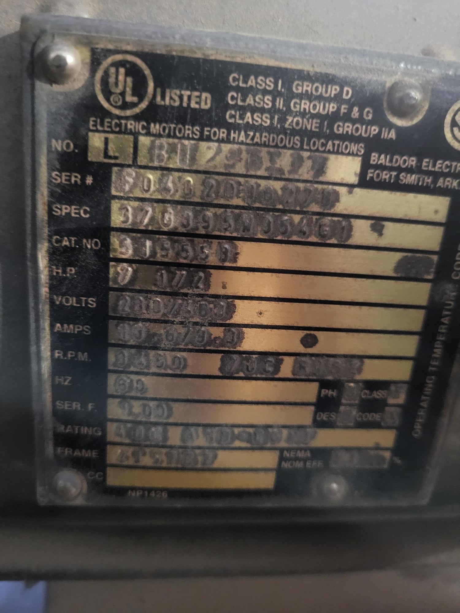 7 1/2HP, 3PH, 230V Rotron blower serial tag