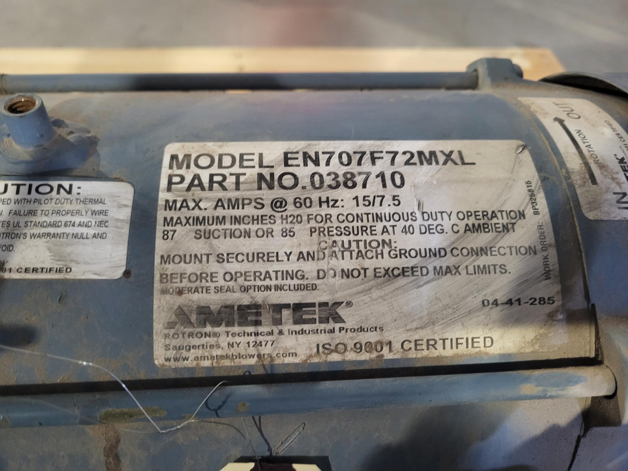 5HP, 230V, 3PH Rotron blower tag