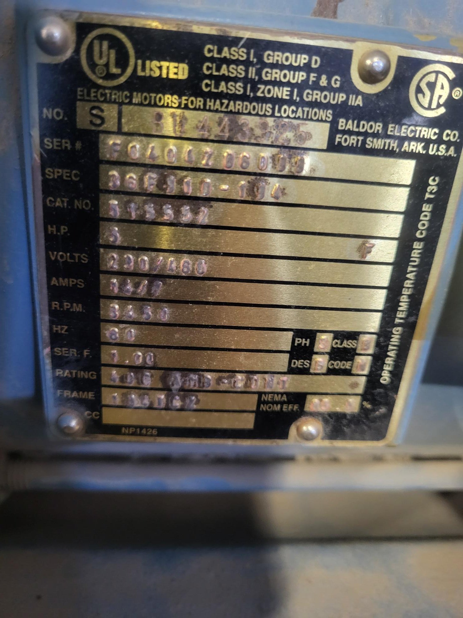 5HP, 230V, 3PH Rotron blower tag
