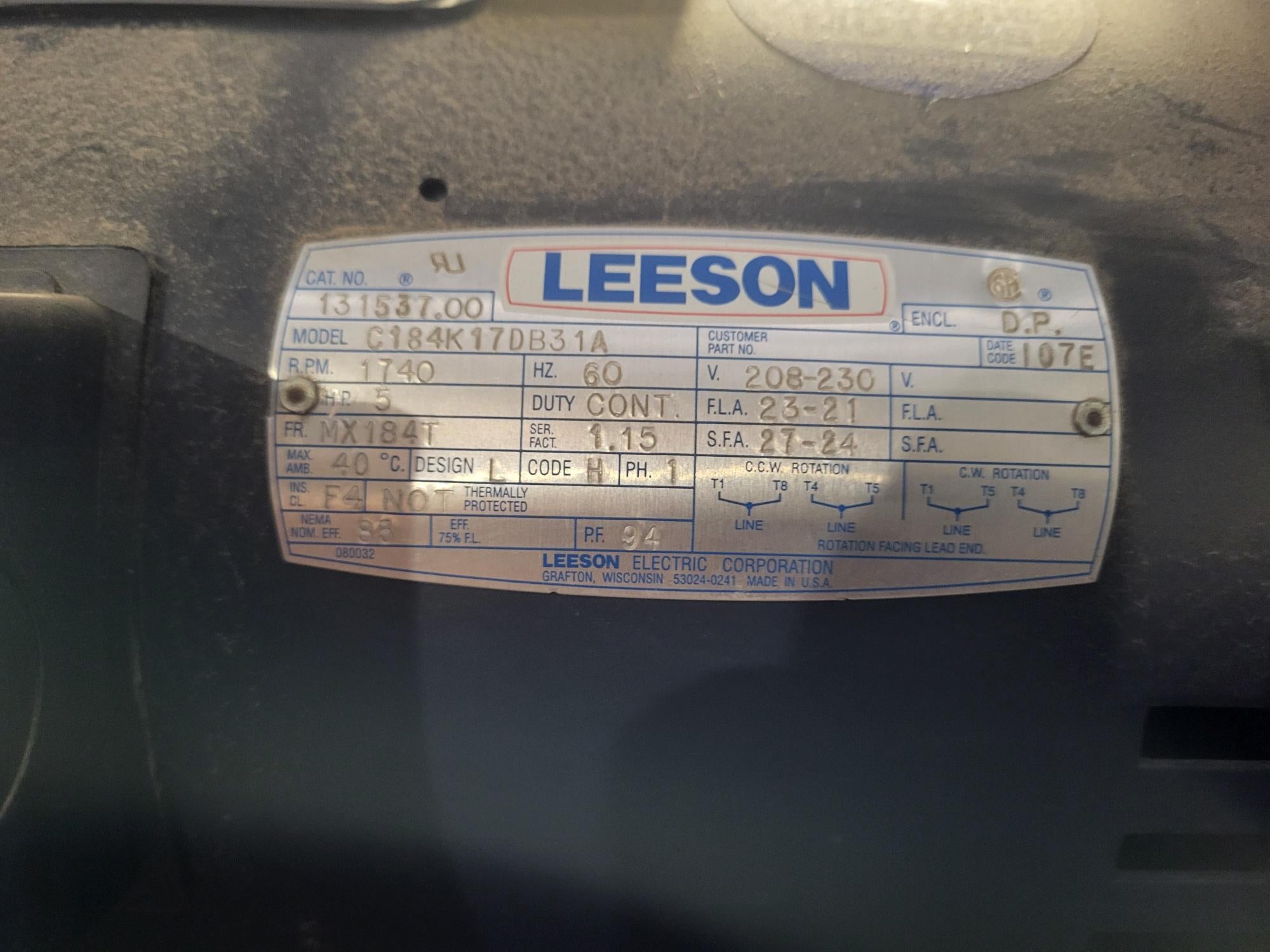 5HP, 1PH, 208V Motor (Leeson) Compressor serial tag