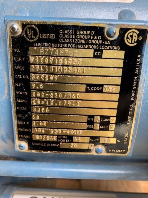 7 1/2 HP, 208-230/460, 3PH serial tag