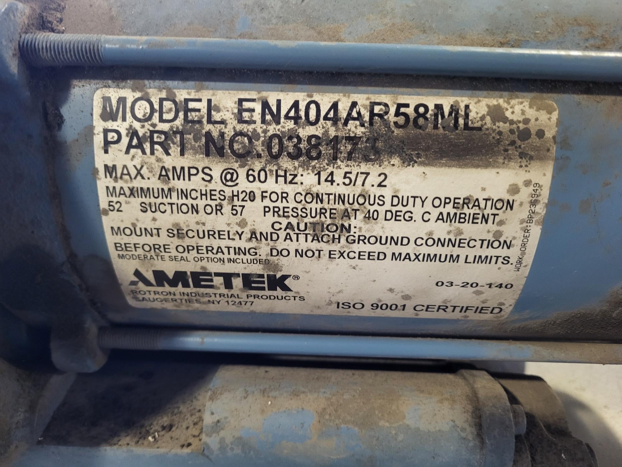 Rotron 1HP, 1PH serial tag