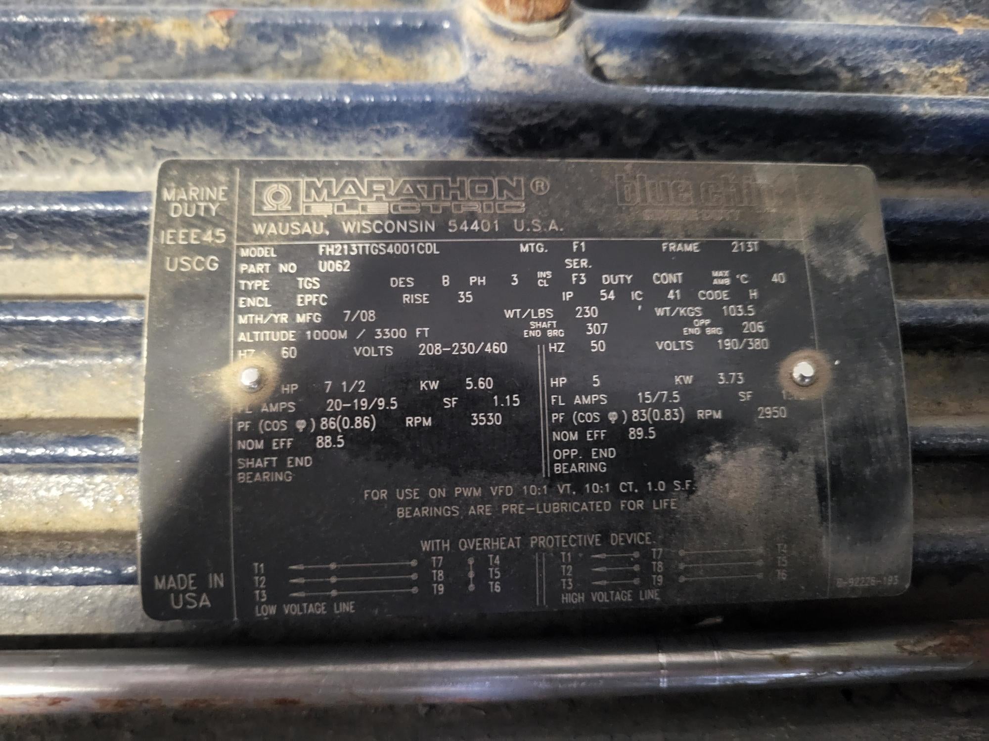 7 1/2HP, 230V, 3PH centrifugal fan serial tag