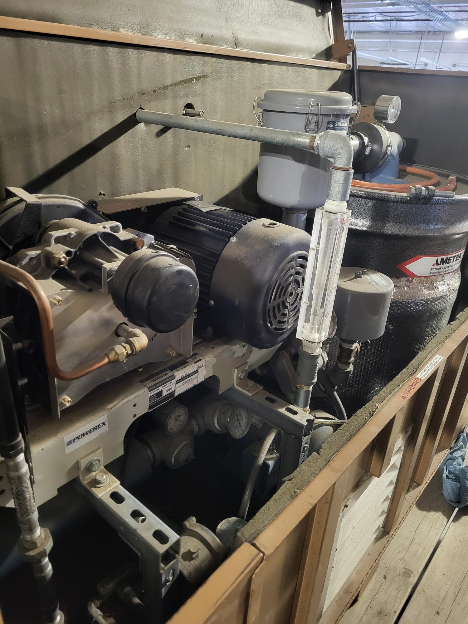 5HP, 3PH Ametek Rotron, 5HP, 3PH Marathon Powerex Oilless Scroll Compressor, Tank, XP Fan, Self Contained Job Box w/Control Panel