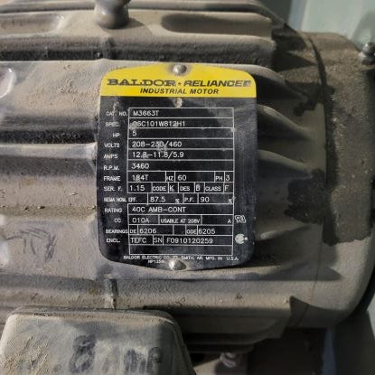 Blower w/5HP Baldor Motor, 3PH, 208-230/460 centrifugal fan serial tag