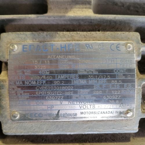 15HP, 3PH, Teco motor on Rotary Lobe w/silencer service tag