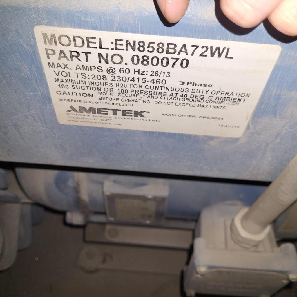 Rotron (Model# EN858BA72WL) 7.5HP, 3PH; Busch MM1322.AP03.WBJK w/7.5 HP, 3PH motor, came from IIS# 23038
