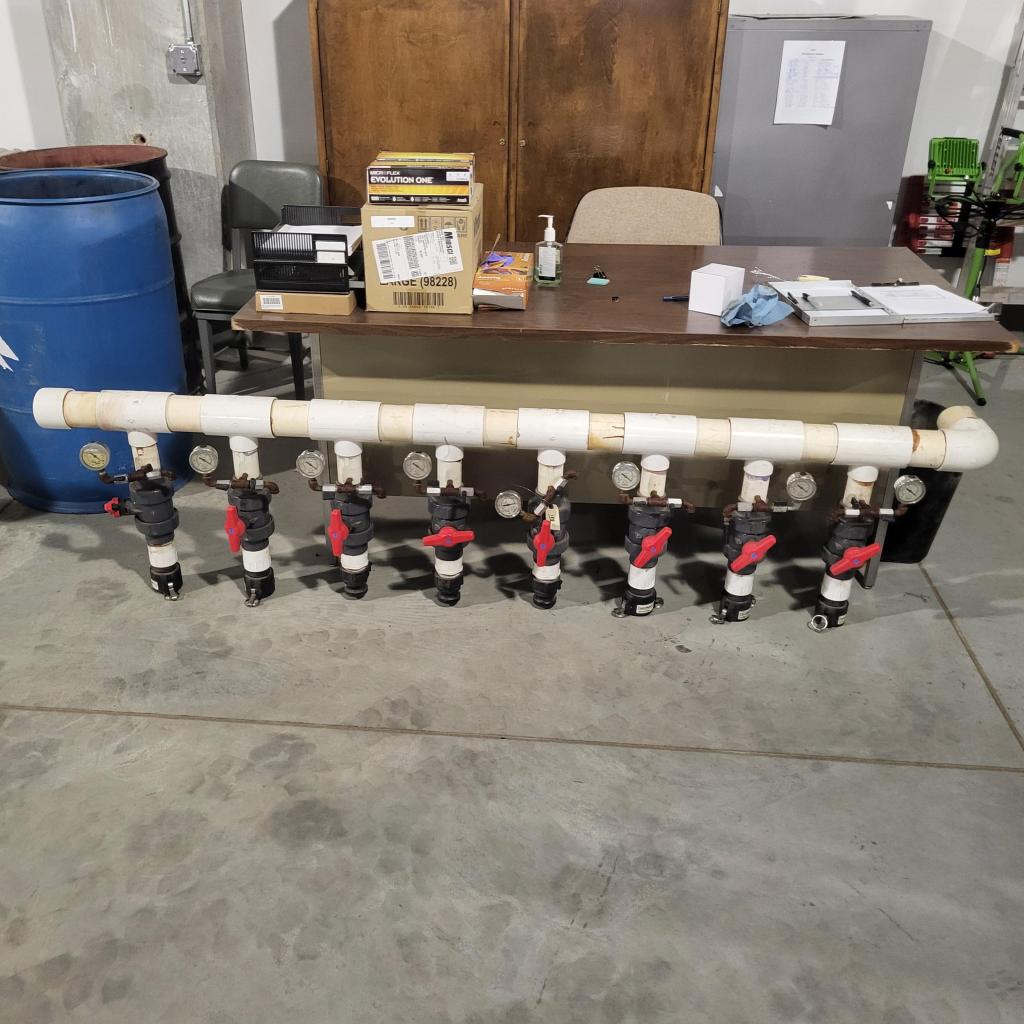 8 x 2" legs on 3" main, w/ valves, gauges, and sample ports manifold