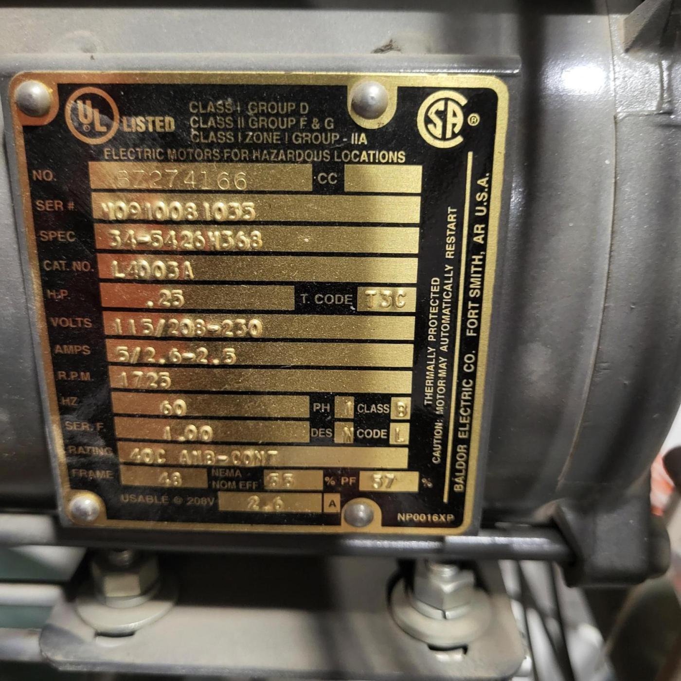 1/4 HP, 1PH, 115/208-230 fan service tag