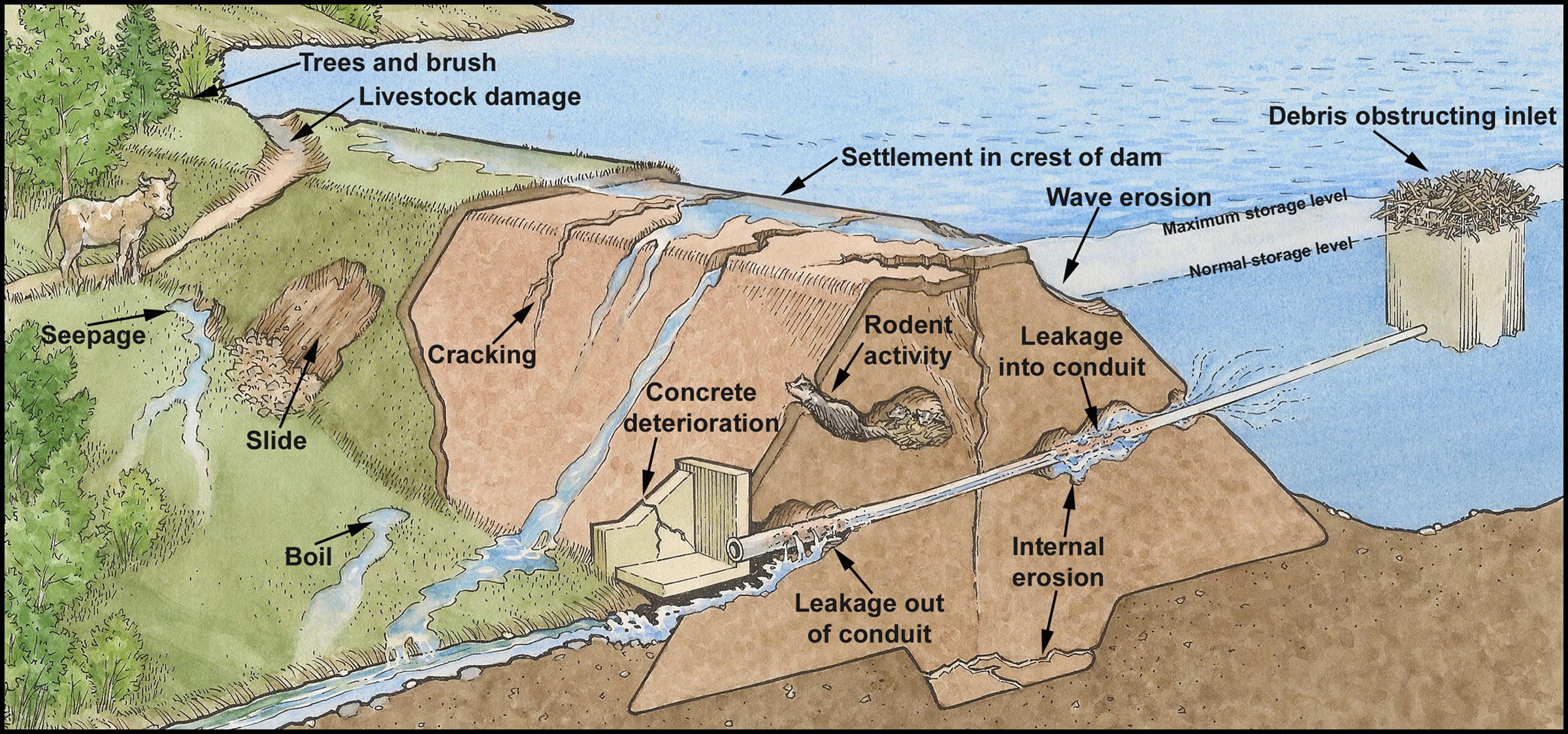diagram of a flawed dam with labels showing what is flawed