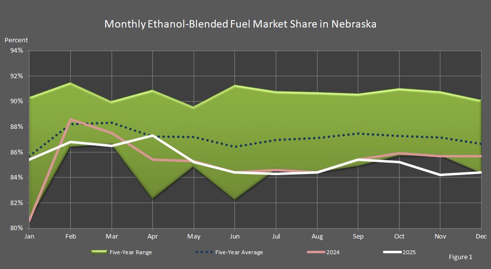 Figure 1 is a graph showing the monthly ethanol-blended fuel market share in Nebraska.