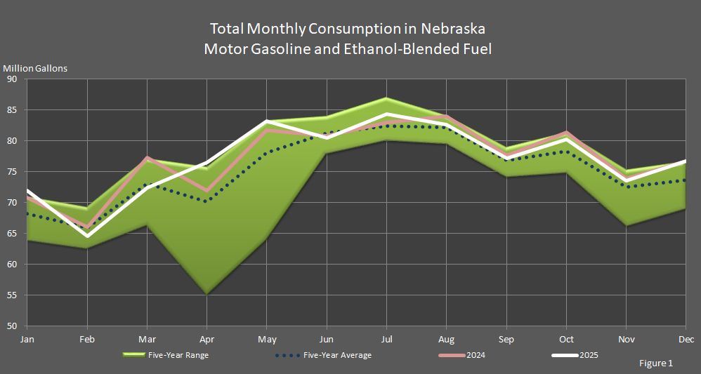 Figure 1 is a graph showing the total monthly consumption in Nebraska of motor gasoline and ethanol-blended fuel.