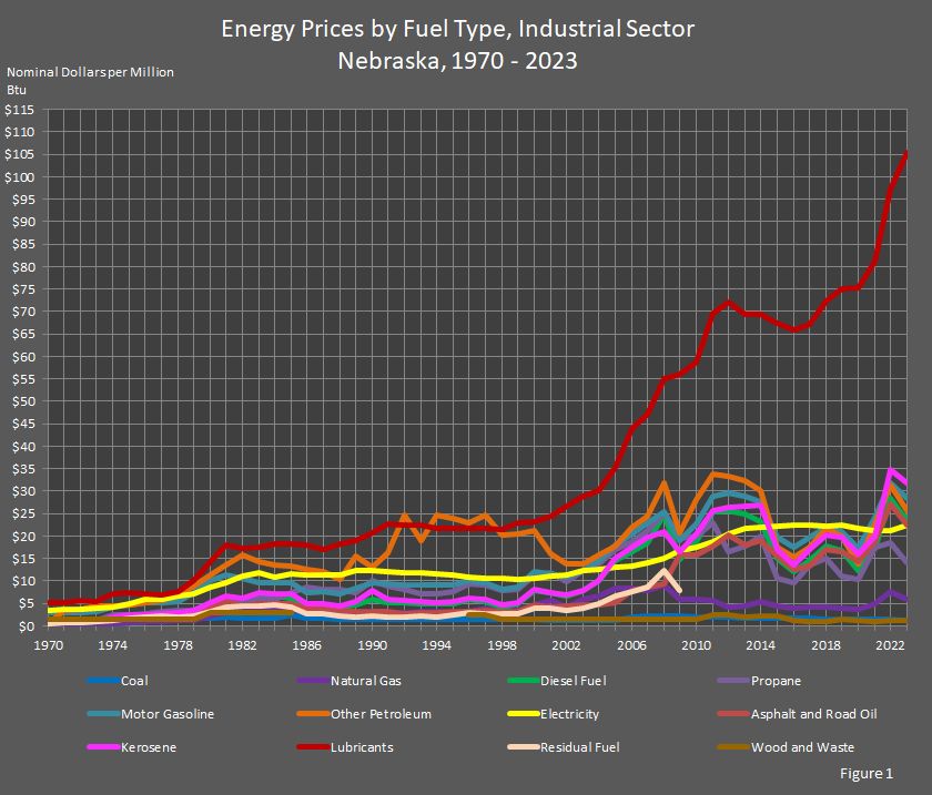 Figure 1 is a line graph showing energy prices by fuel type in Nebraska's industrial sector.