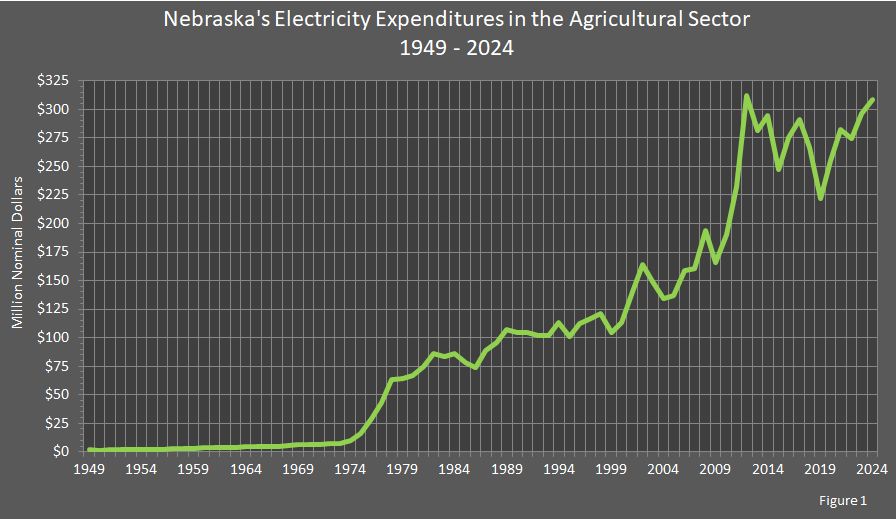 Figure 1 is a line graph showing Nebraska's electricity expenditures in the agricultural sector.