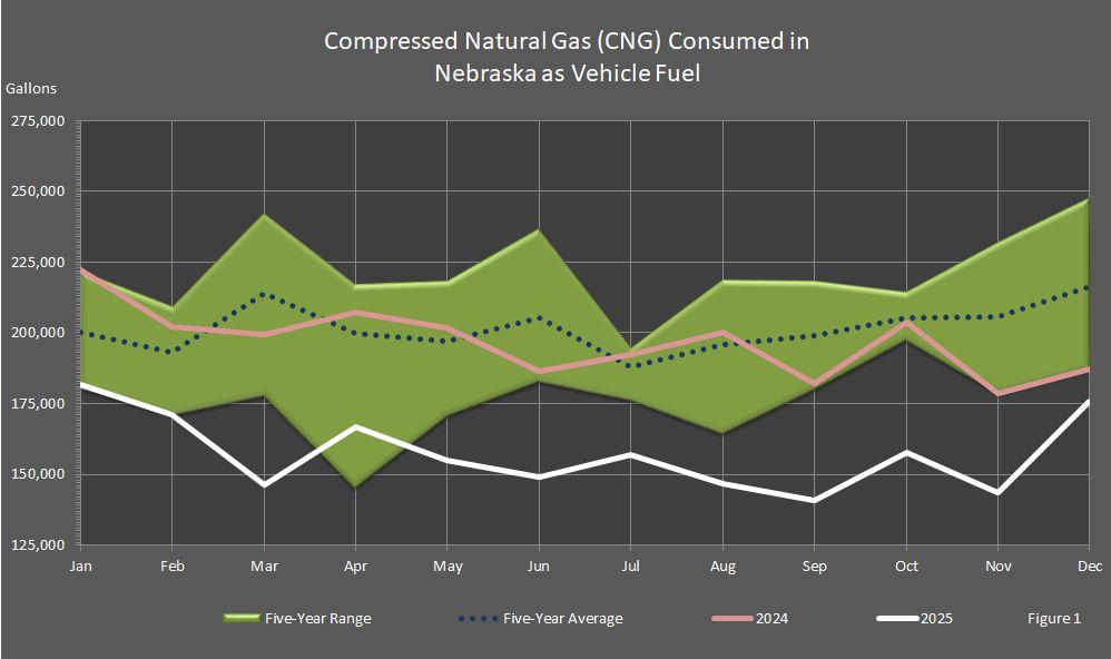 Figure 1 is a graph showing the monthly amount of compressed natural gas (CNG) consumed in Nebraska as vehicle fuel.