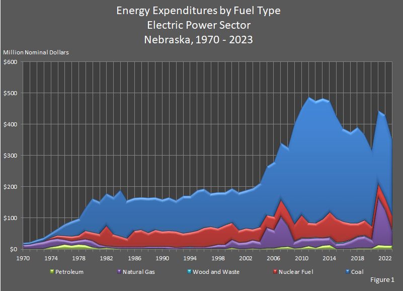 Figure 1 is a area graph showing energy expenditures by fuel type in Nebraska's electric power sector.