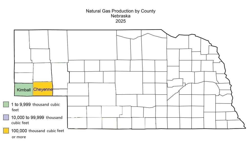 This map shows production of natural gas by county in Nebraska.