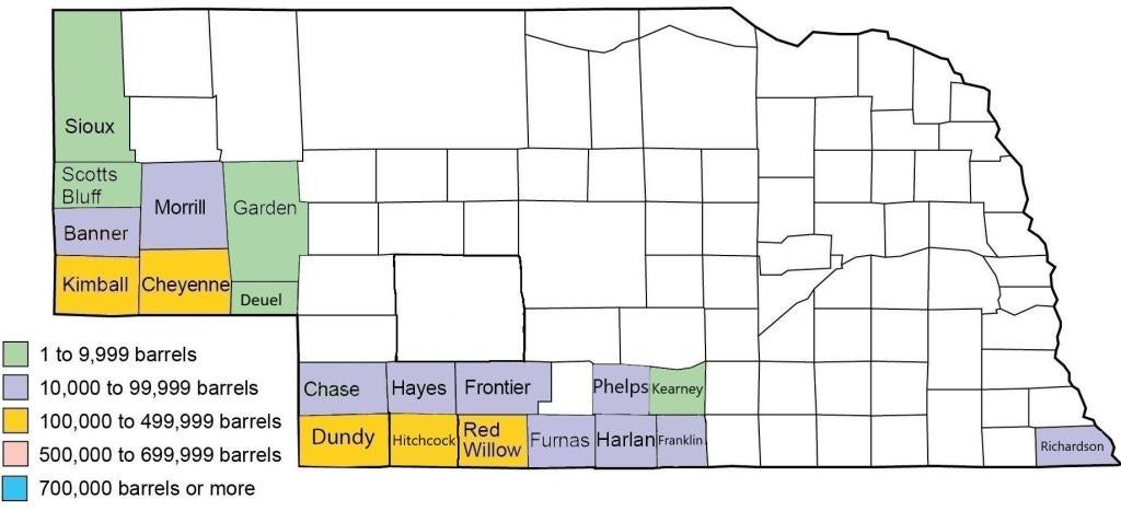 This map shows the counties of Nebraska. Out of all the counties, some are colored in showing by the legend how much crude oil is produced in those counties.