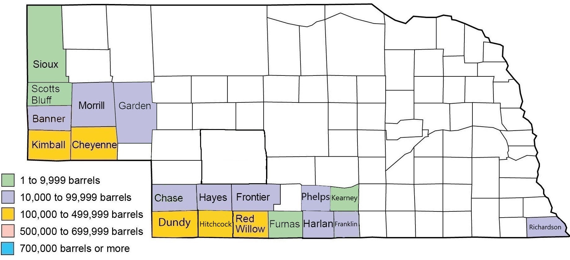 Crude Oil Production by County in Nebraska, 2023 map