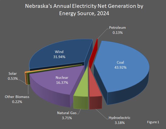 Nebraska's Annual Electricity Net Generation by Energy Source, 2024 Pie Chart