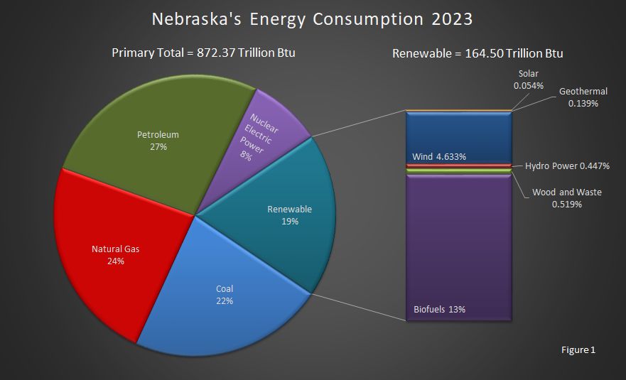 Figure 1 is a pie chart showing Nebraska's energy consumption in five major fuel categories with the renewable category broken out into six fuels.