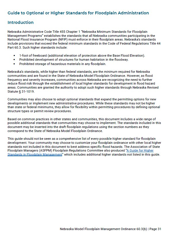 Image of the first page of the Guide to Optional or Higher Standards for Floodplain Administration.