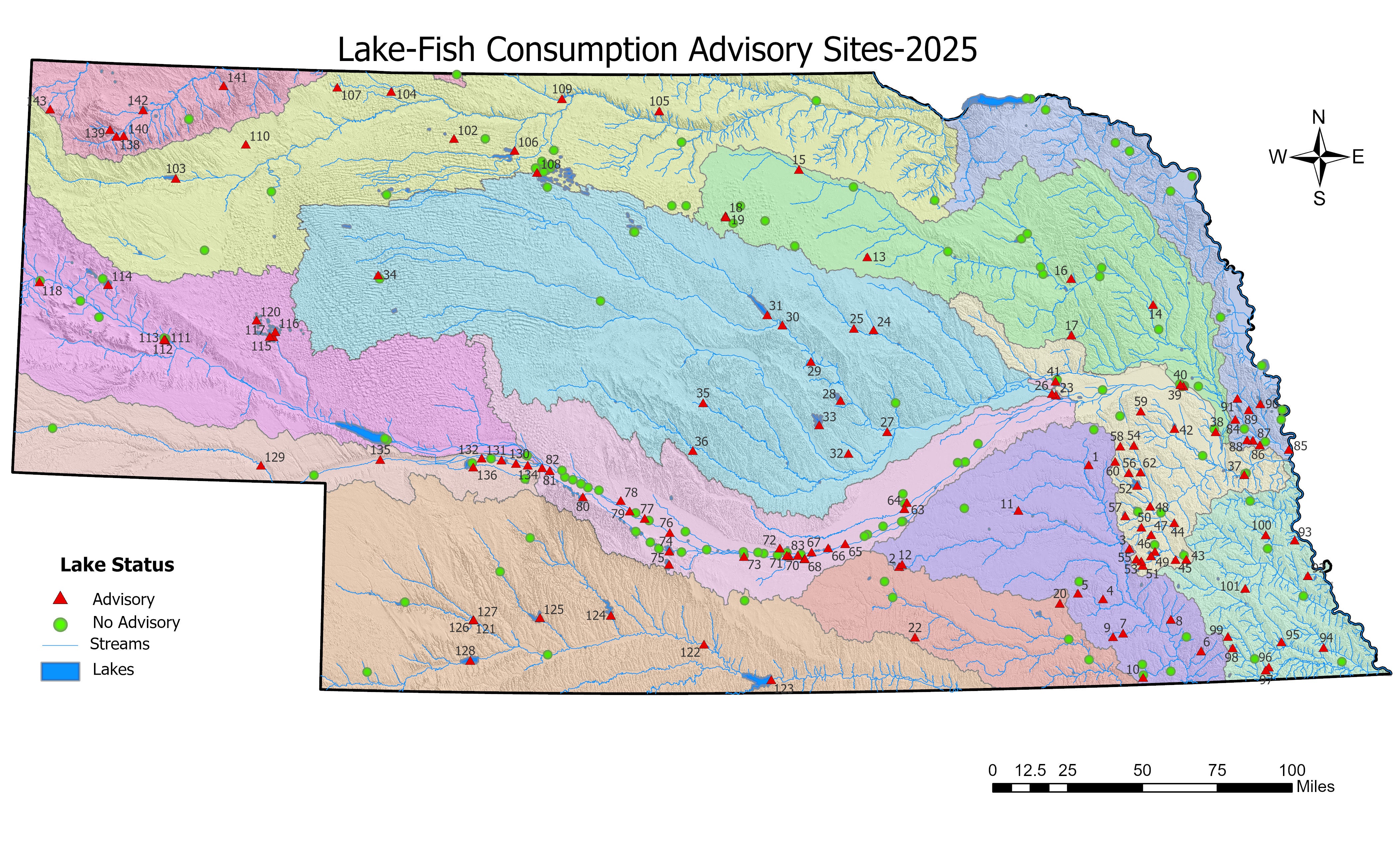 Nebraska Map of Lake Fish Consumption Advisory Sites for 2025