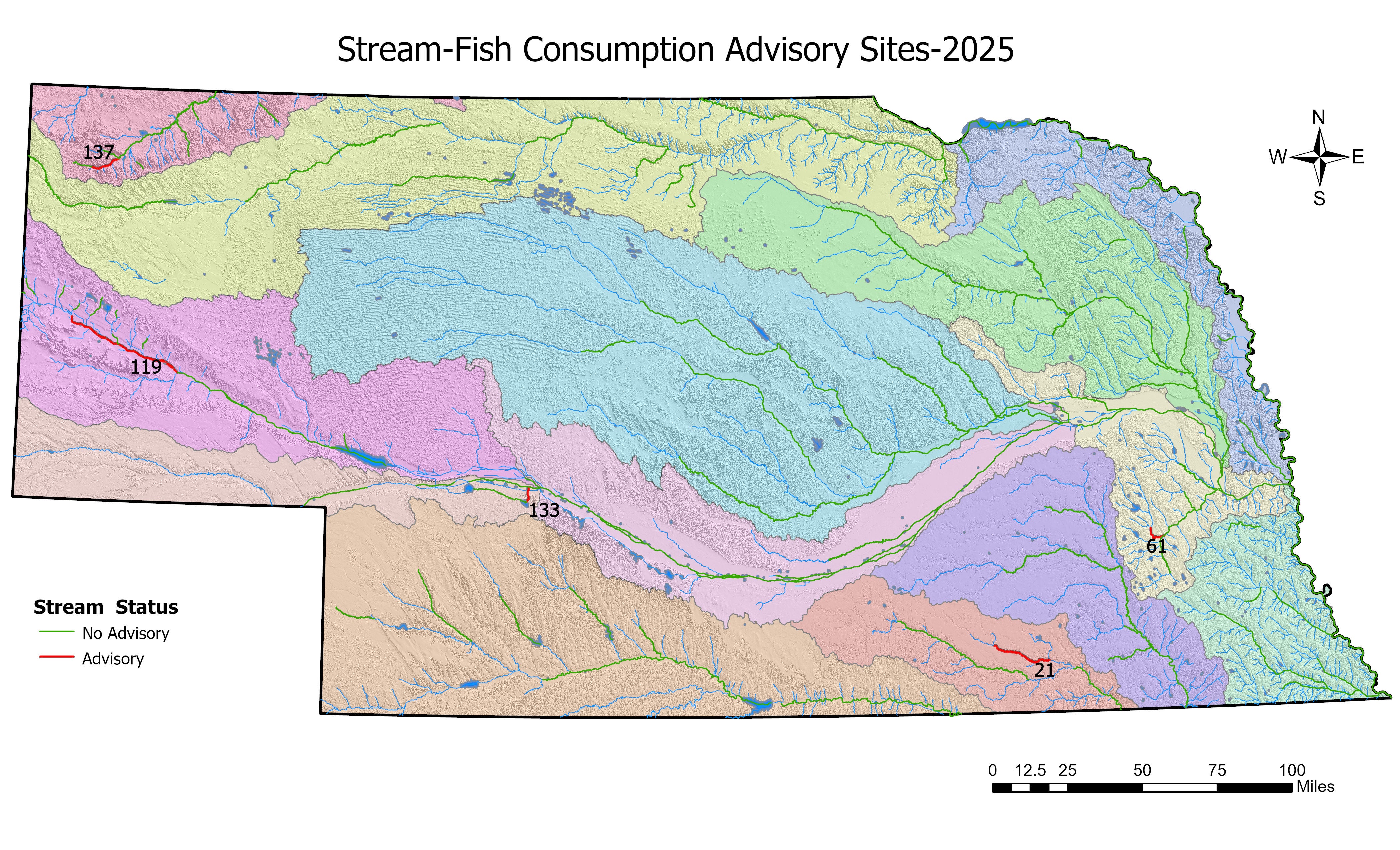 Nebraska Map of Stream Fish Consumption Advisory Sites for 2025